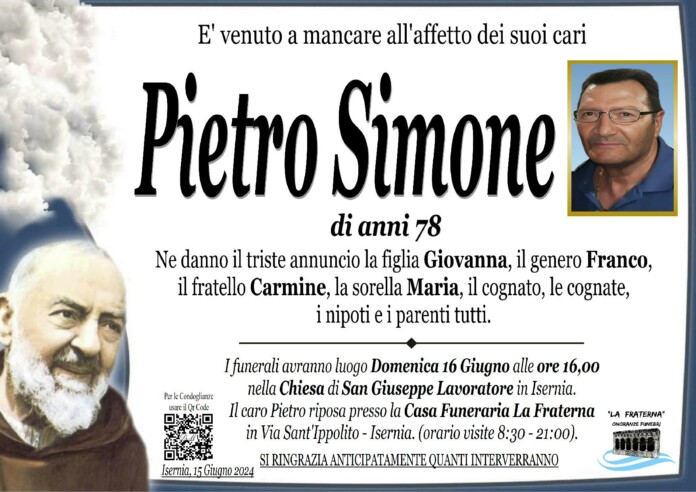 Pietro Simone, onoranze funebri 'La Fraterna'